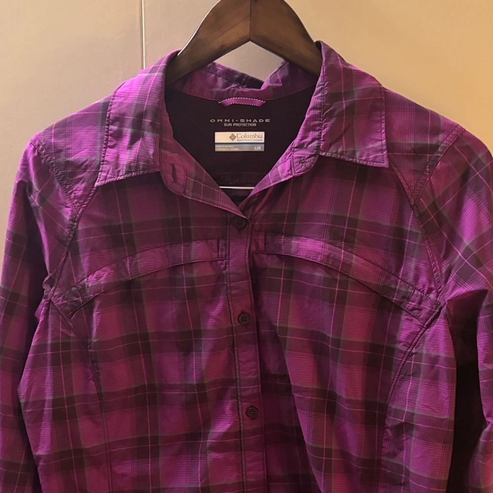 Columbia Purple Plaid Women’s Omni-Shade Shirt Large - Picture 4 of 7